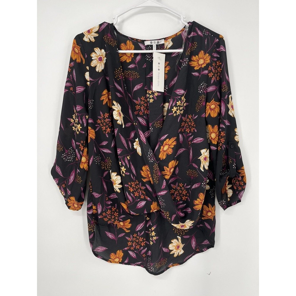 Three Dots Floral Print Wrap V Neck 3/4 Sleeve Top Size S Black Orange Purple